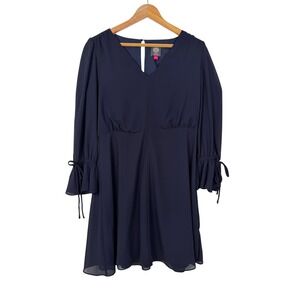 Vince Camuto Fit & Flare Dress Womens 8 Navy Blue Chiffon Bell Sleeve Tie V-Neck